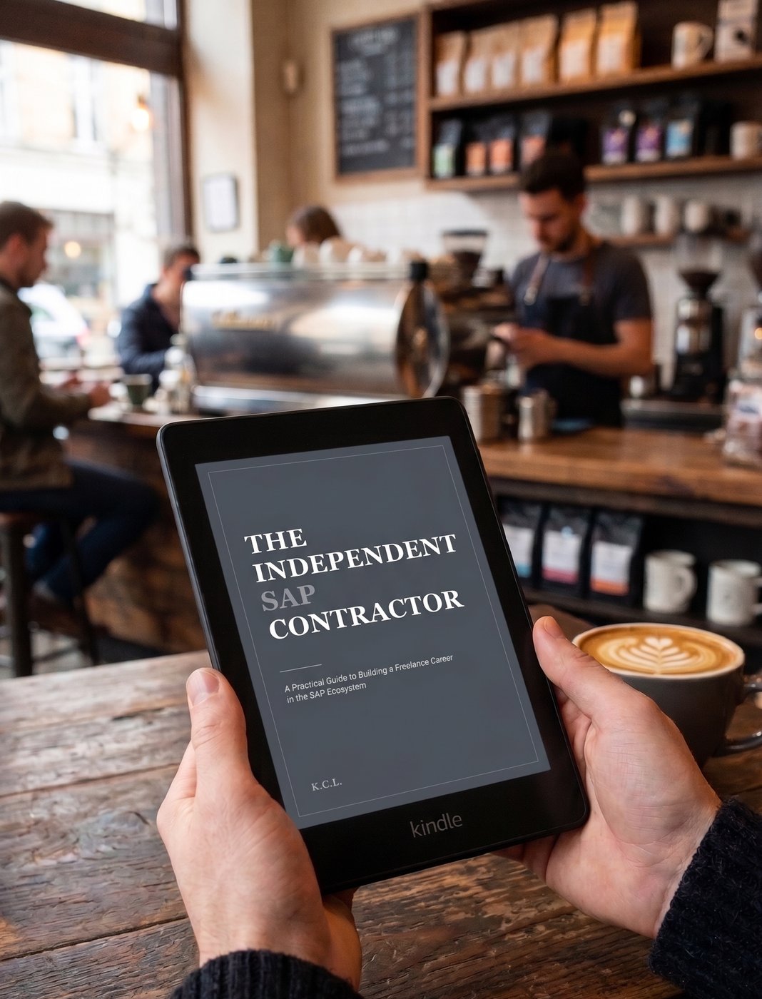 The Independent SAP Contractor displayed on a Kindle, held in a coffee shop